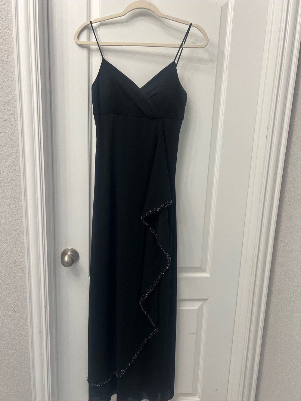 Betsy & Adam Black Strapless-Look Ruffle Evening Gown